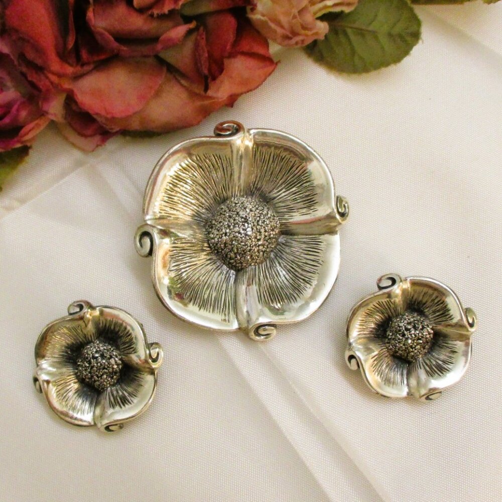 Vintage TORTOLANI Sterling Silver Poppy Jewelry Set: Floral Brooch & Earrings